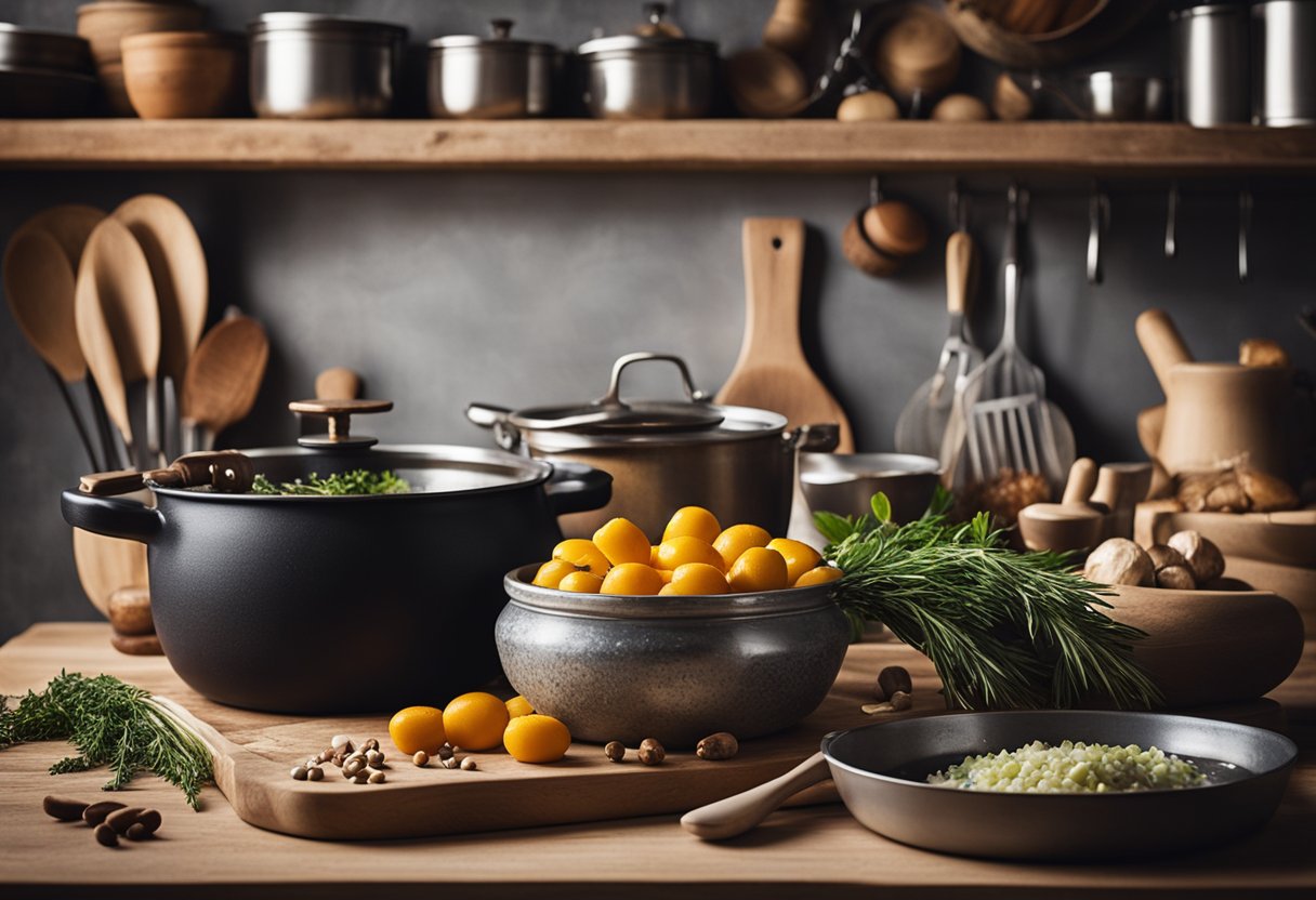 Uma cozinha rústica com uma panela borbulhante de fricassê gaúcho cercada por ingredientes tradicionais e utensílios de cozinha.