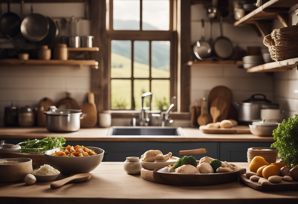 Uma cozinha rústica com ingredientes como frango, vegetais e creme, juntamente com utensílios de cozinha tradicionais, em um cenário de colinas ondulantes e uma aconchegante casa de campo.