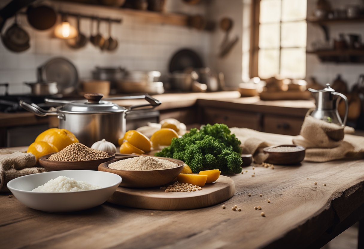 Uma mesa de cozinha rústica com ingredientes e utensílios de cozinha para fazer Fricassê Gaúcho. Um cartão de receita escrito à mão e um chapéu tradicional gaúcho acrescentam à cena.