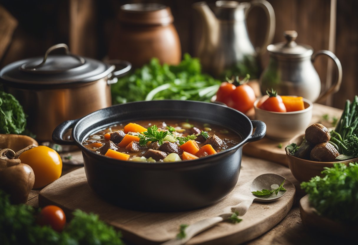 Uma cozinha rústica com uma panela borbulhante de ensopado de "vaca atolada", cercada por vegetais e ervas frescas, evocando os sabores do campo do sul.