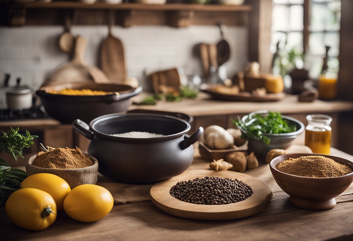 Uma cozinha rústica com uma panela borbulhante de "vaca atolada", cercada por ingredientes como mandioca, carne e temperos, evocando os sabores do interior brasileiro.