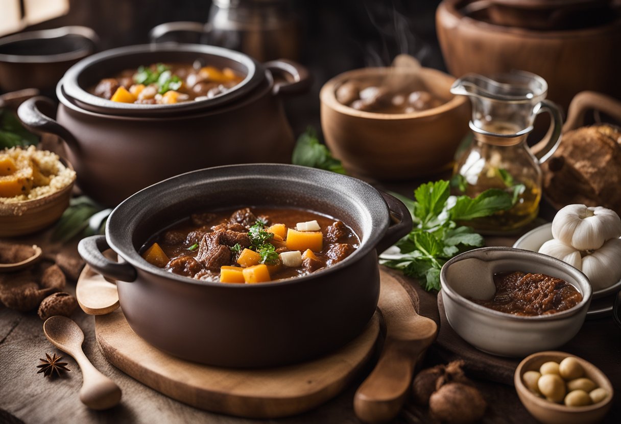 Uma cozinha rústica com uma panela borbulhante de ensopado de "vaca atolada", cercada por ingredientes como mandioca, carne bovina e temperos, evocando os sabores do interior brasileiro.