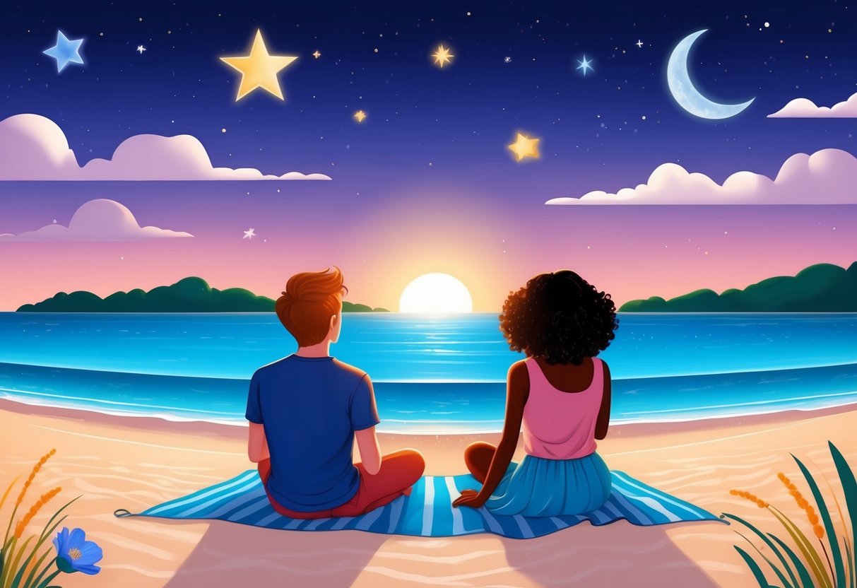 A serene beach at sunset, with a Cancer and Virgo stargazing together under a clear night sky