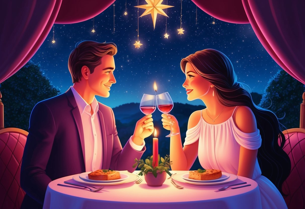 A cozy, candlelit dinner for two under a starry sky, with Cancer and Virgo sharing intimate conversation and tender gestures