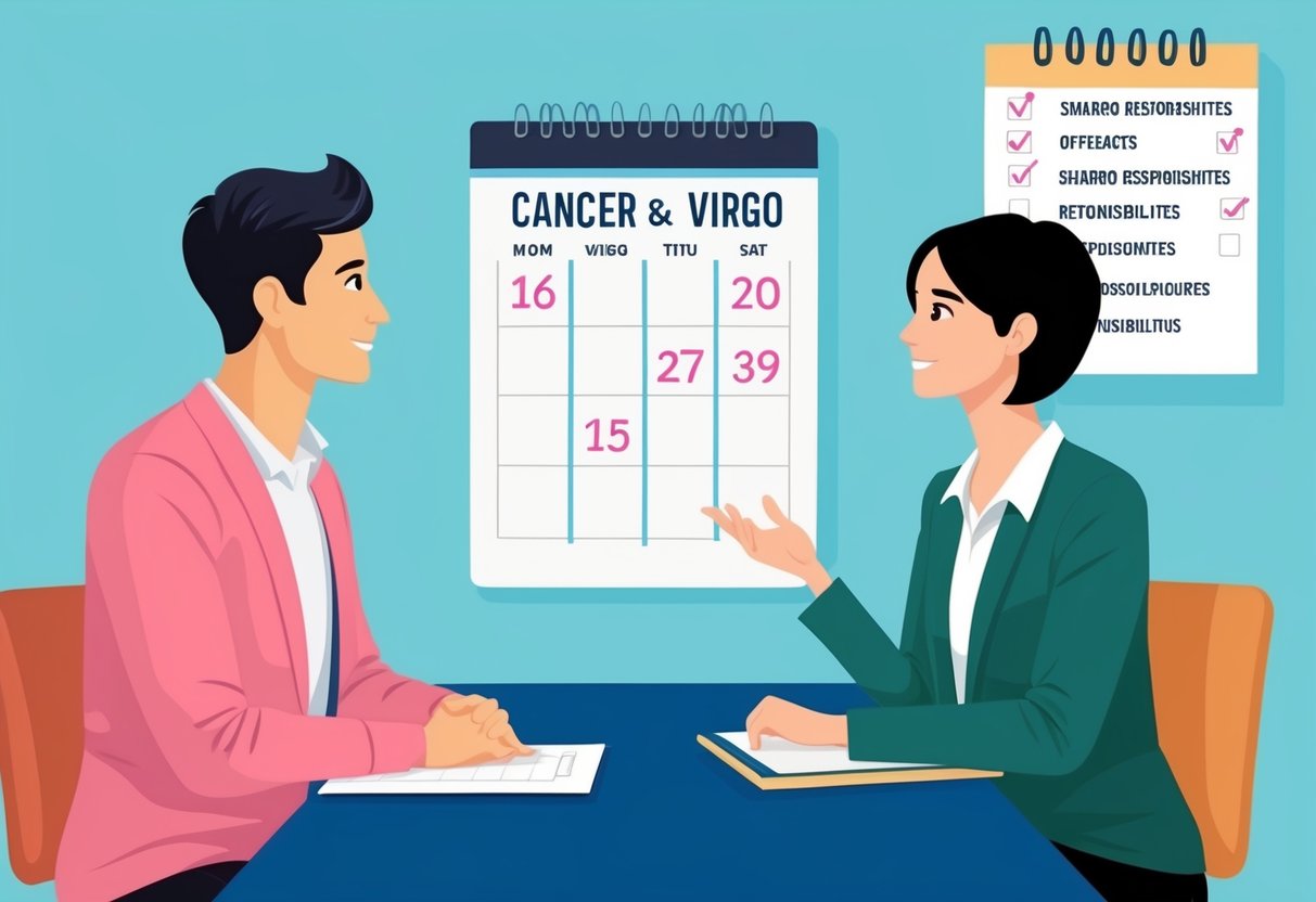 A cancer and virgo sitting at a table, discussing practical aspects of their relationship. A calendar with marked dates and a list of shared responsibilities on the wall