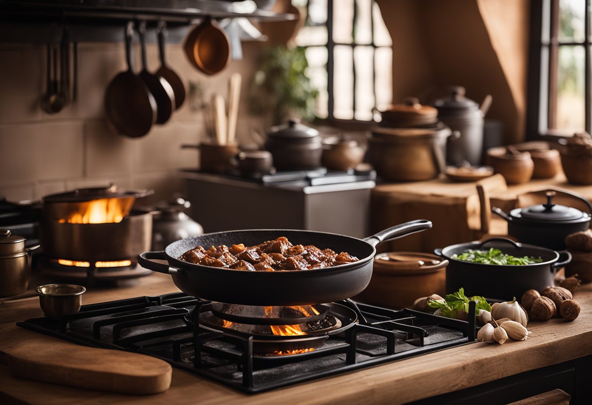 Uma cozinha rústica com uma grande panela borbulhando em um fogão a lenha, cheia de pedaços macios de carne de panela gaúcha e cercada por utensílios de cozinha tradicionais.