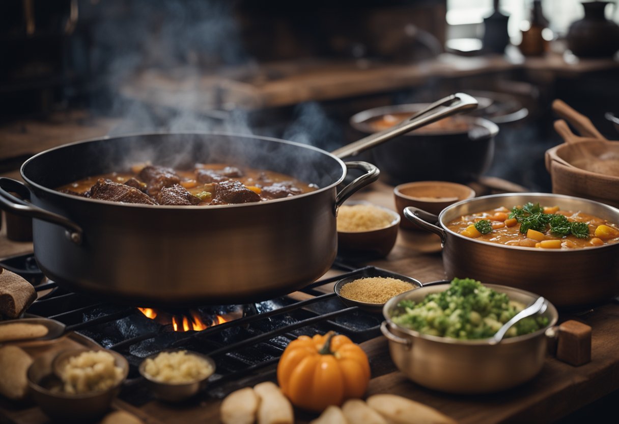 Uma cozinha rústica com uma panela grande cozinhando em um fogão a lenha. Um chef prepara um ensopado de carne ao estilo Gaúcho, cercado por ingredientes e utensílios de cozinha.