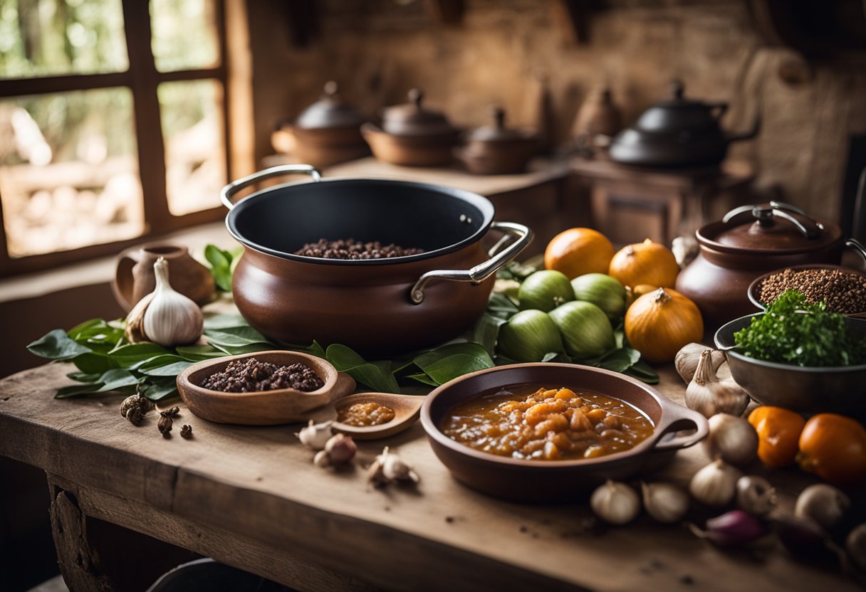 Uma cozinha rústica com uma panela fervendo de "carne de panela gaúcha" cercada por ingredientes tradicionais como cebolas, alho e folhas de louro.