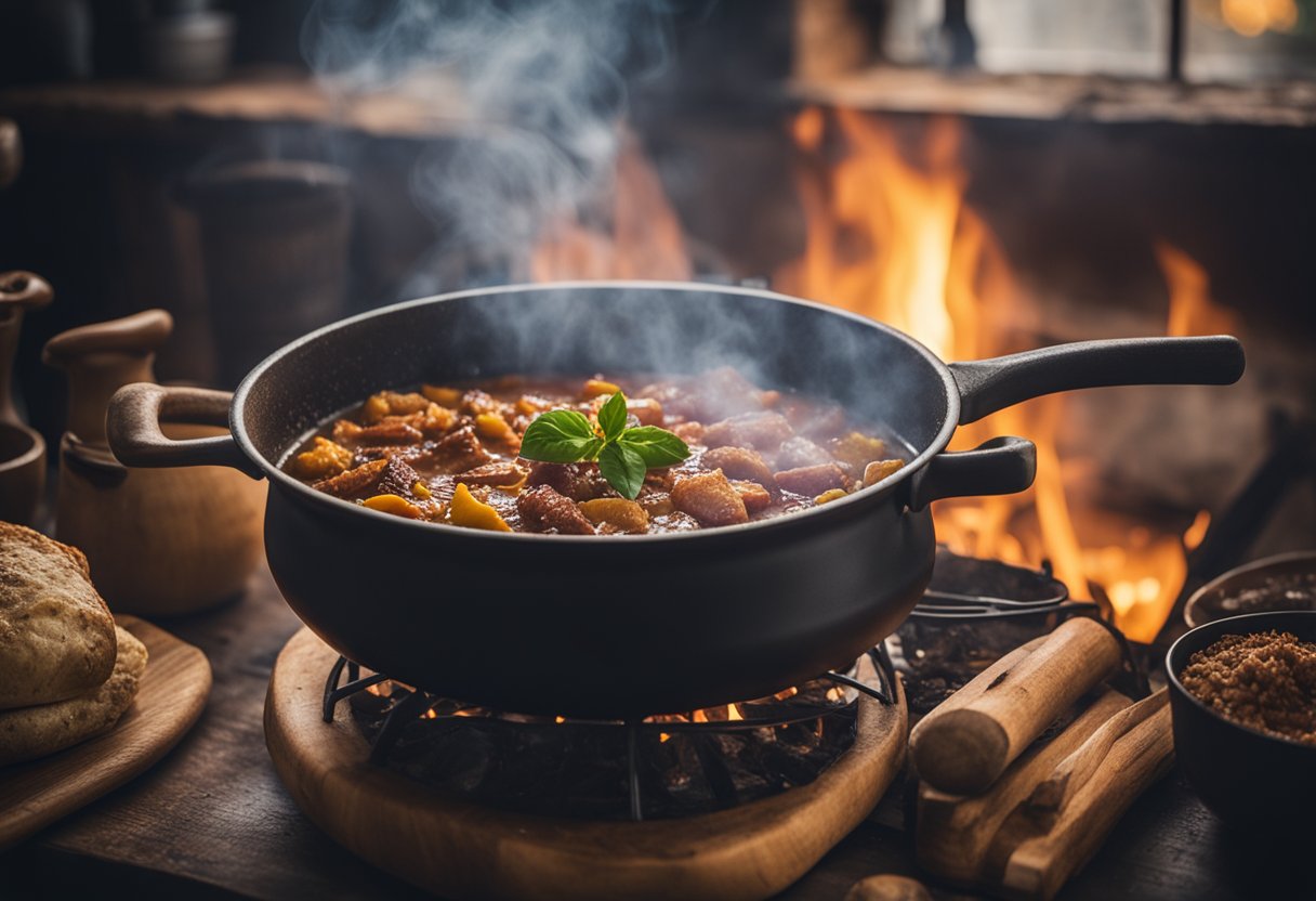 Uma cozinha rústica com uma panela borbulhante de "carne de panela gaúcha" cozinhando sobre uma fogueira crepitante, rodeada por utensílios e ingredientes de cozinha tradicionais.