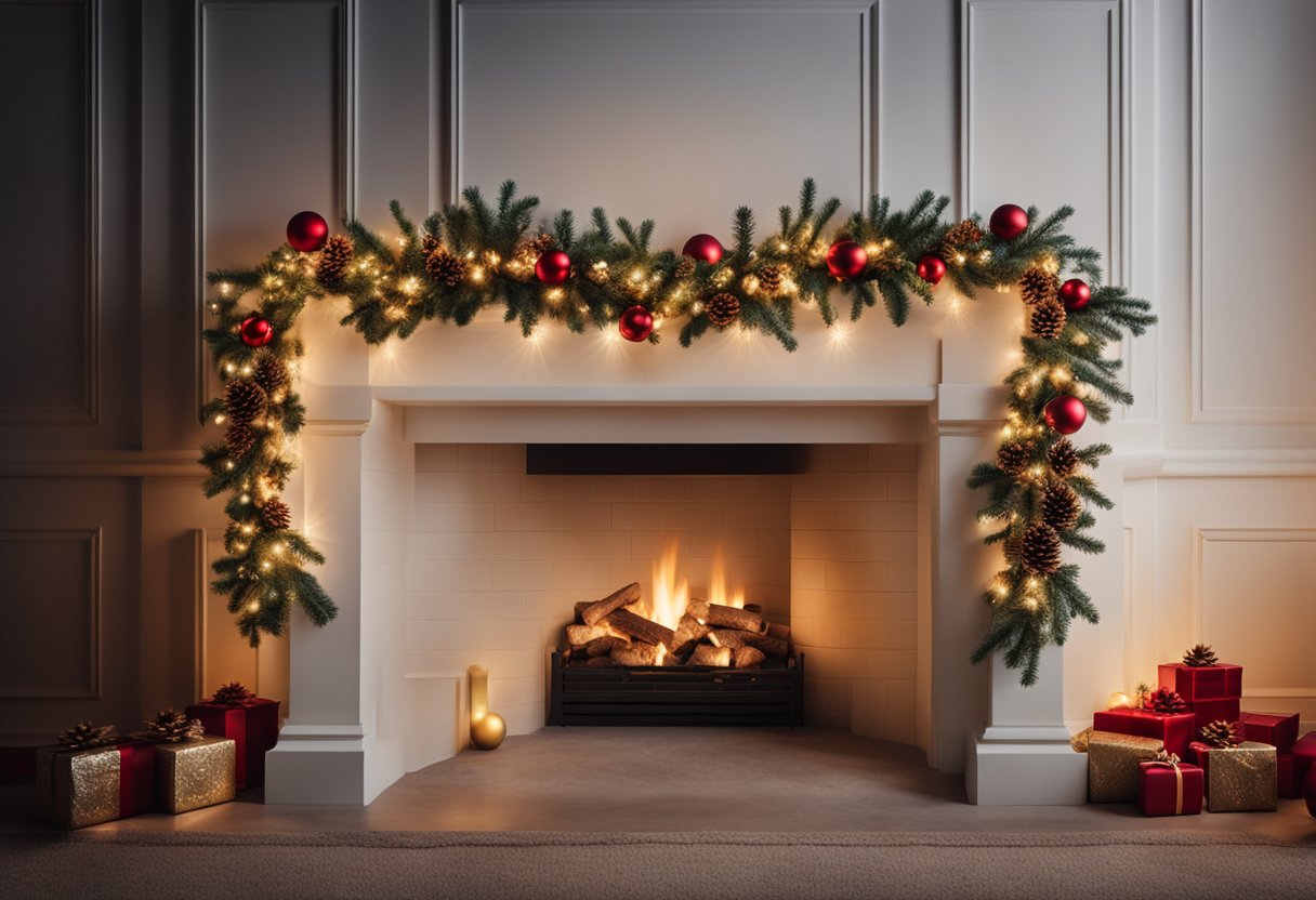 A cozy fireplace adorned with a festive Christmas garland, featuring twinkling lights, pinecones, and red and gold ornaments