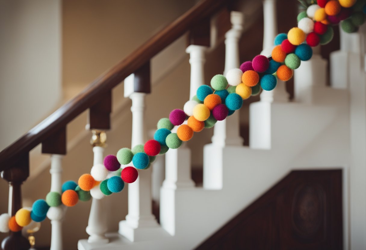 A cozy living room adorned with a colorful felt ball garland, draped across a fireplace mantel or hung along a staircase railing