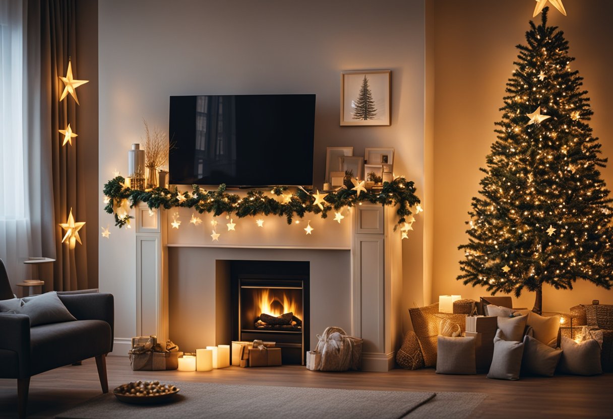 A cozy living room with a fireplace, adorned with an LED star string garland, casting a warm glow over the festive decor