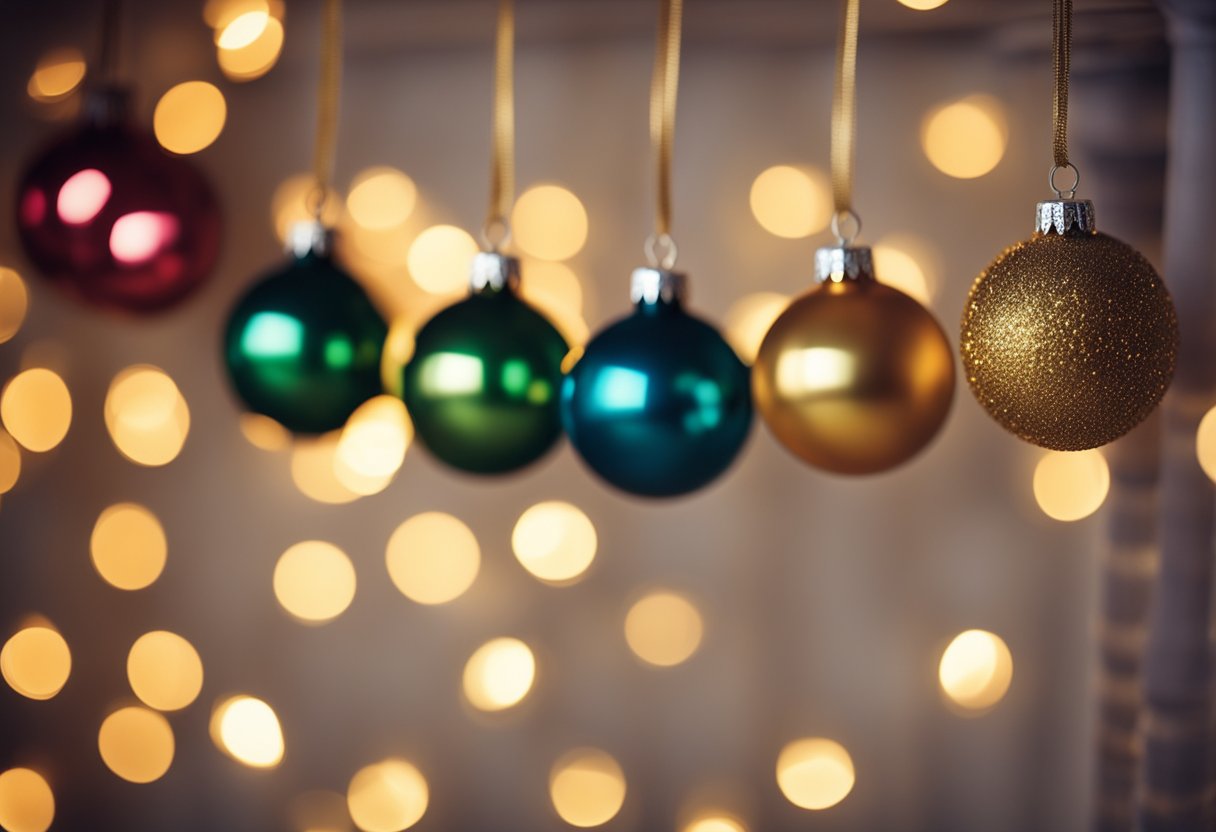 A vintage glass ornament garland hangs gracefully on a fireplace mantle, catching the warm glow of twinkling Christmas lights