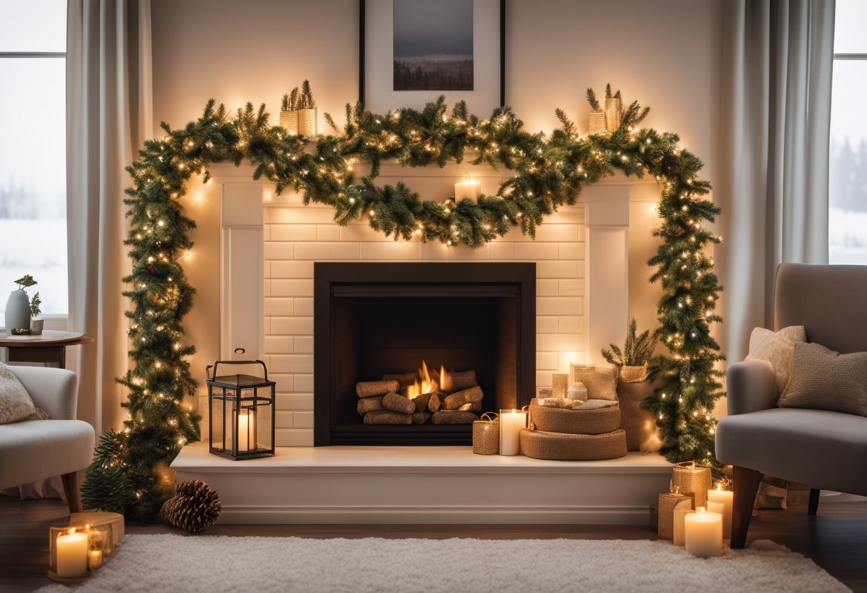 A cozy fireplace adorned with burlap and lace garland, surrounded by twinkling Christmas lights and festive greenery