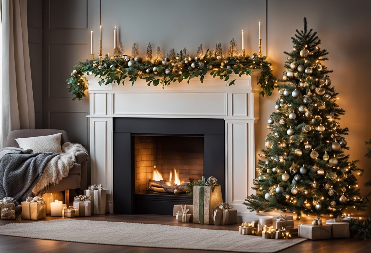 A cozy living room adorned with a eucalyptus Christmas garland draped over a fireplace mantel, with twinkling lights and festive ornaments