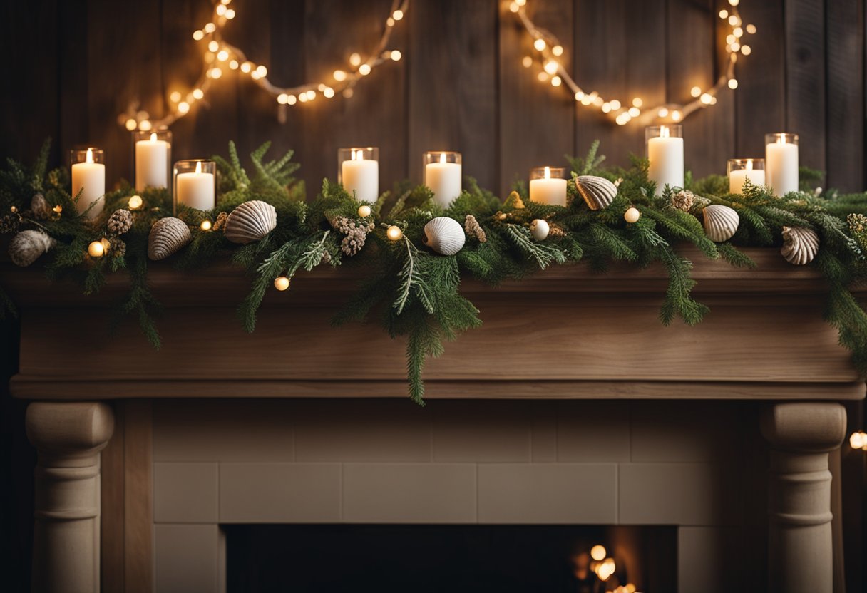 A seashell and driftwood garland hangs across a rustic wooden mantel, adorned with twinkling lights and sprigs of greenery