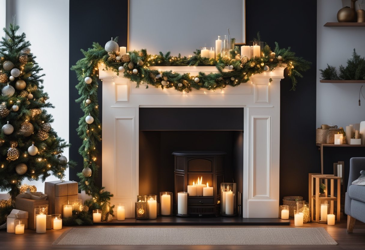 A cozy fireplace adorned with a lush Twist of Nature Vine Garland, accented with twinkling lights and festive ornaments