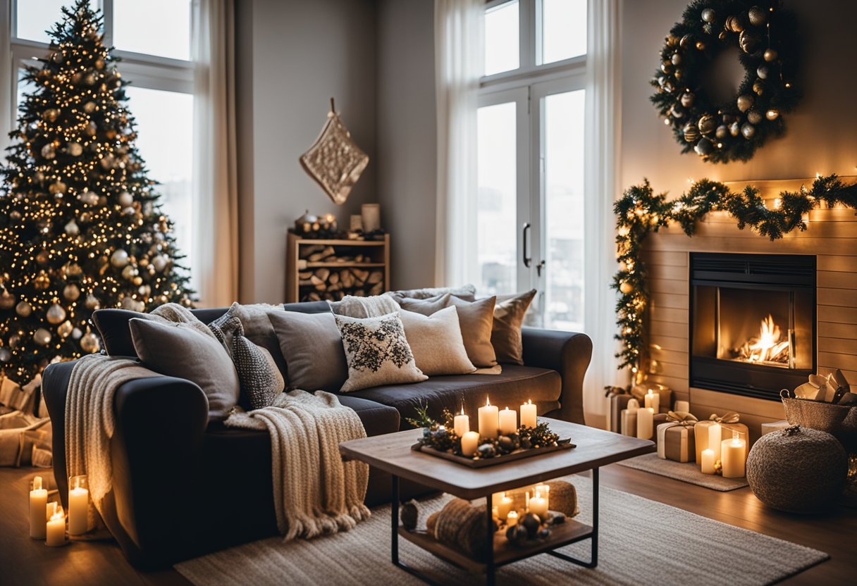 A cozy living room with a fireplace, adorned with 18 different Christmas hanging decorations, including stockings, garlands, and ornaments