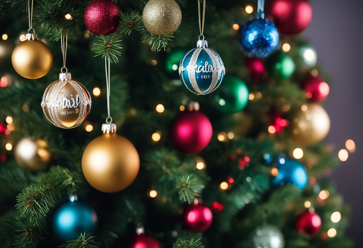 A festive tree adorned with personalized name baubles in various colors and designs