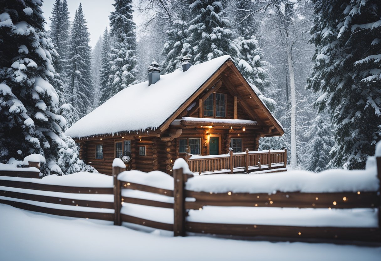 A cozy cabin surrounded by snow-covered trees, with 18 unique Christmas ornaments hanging from the eaves, catching the falling snowflakes in a winter wonderland