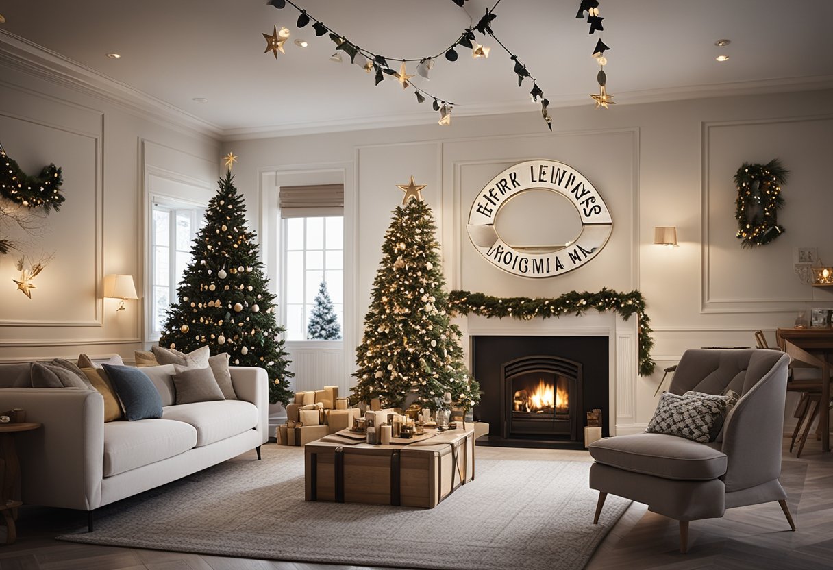 A cozy living room adorned with 18 embossed Christmas signs hanging from the ceiling, each sign depicting a different festive holiday scene