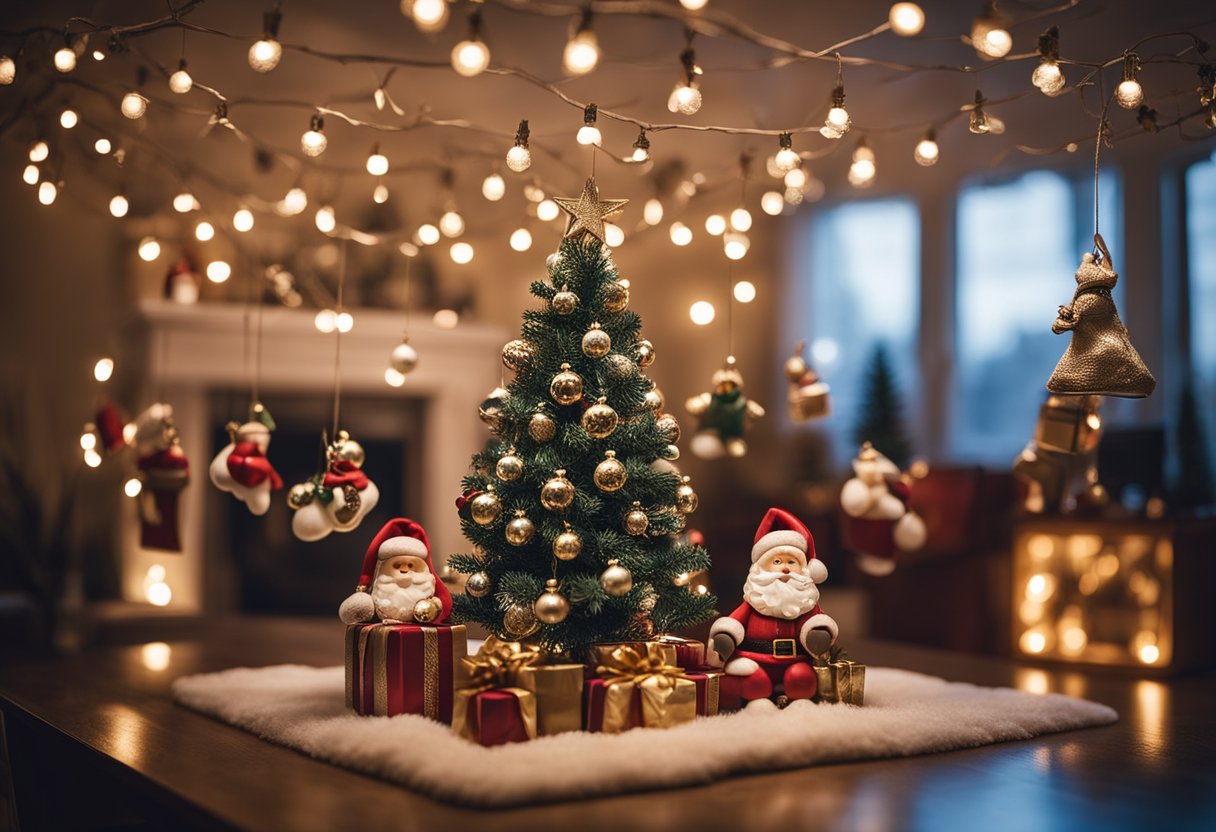 A cozy living room adorned with 18 tin Santa figures hanging from the ceiling, creating a festive and charming Christmas atmosphere