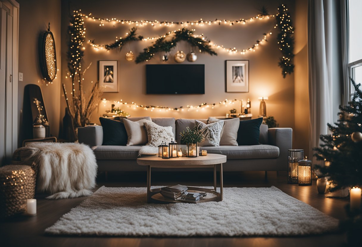 A cozy living room adorned with delicate feather hangers, twinkling lights, and festive ornaments