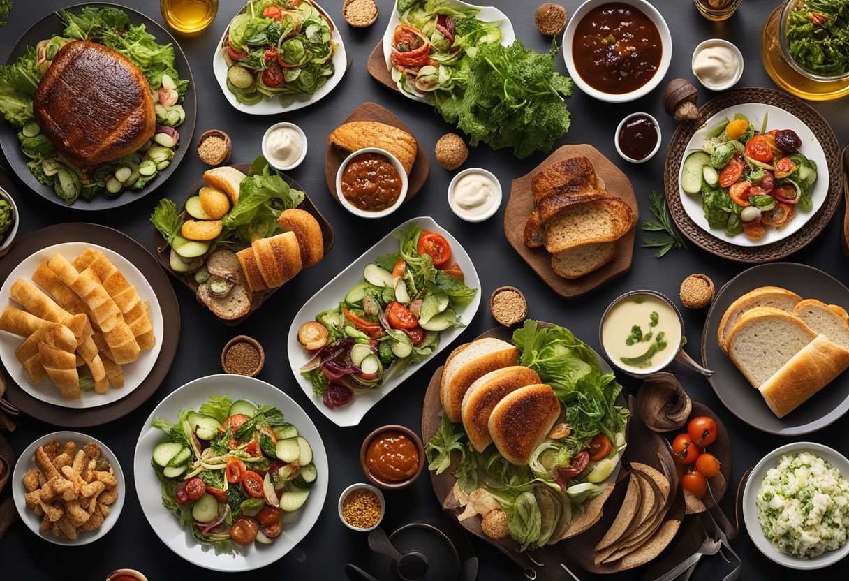 Uma mesa posta com vários acompanhamentos e condimentos, como saladas, pão e molhos, dispostos ao redor de uma churrasqueira central.