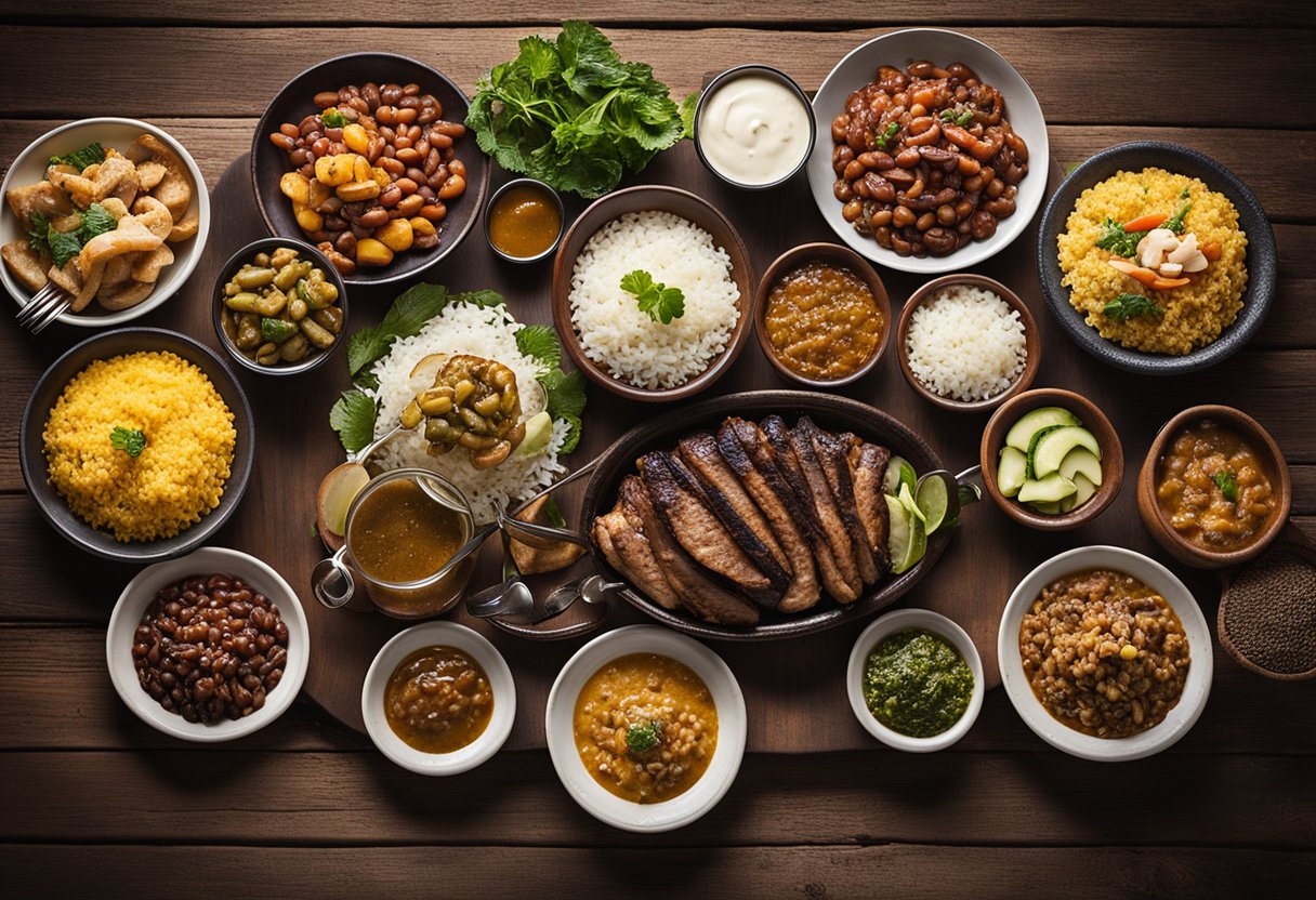 Um tradicional churrasco brasileiro servido com vários acompanhamentos como arroz, feijão, farofa e vinagrete, todos dispostos em uma mesa rústica de madeira.