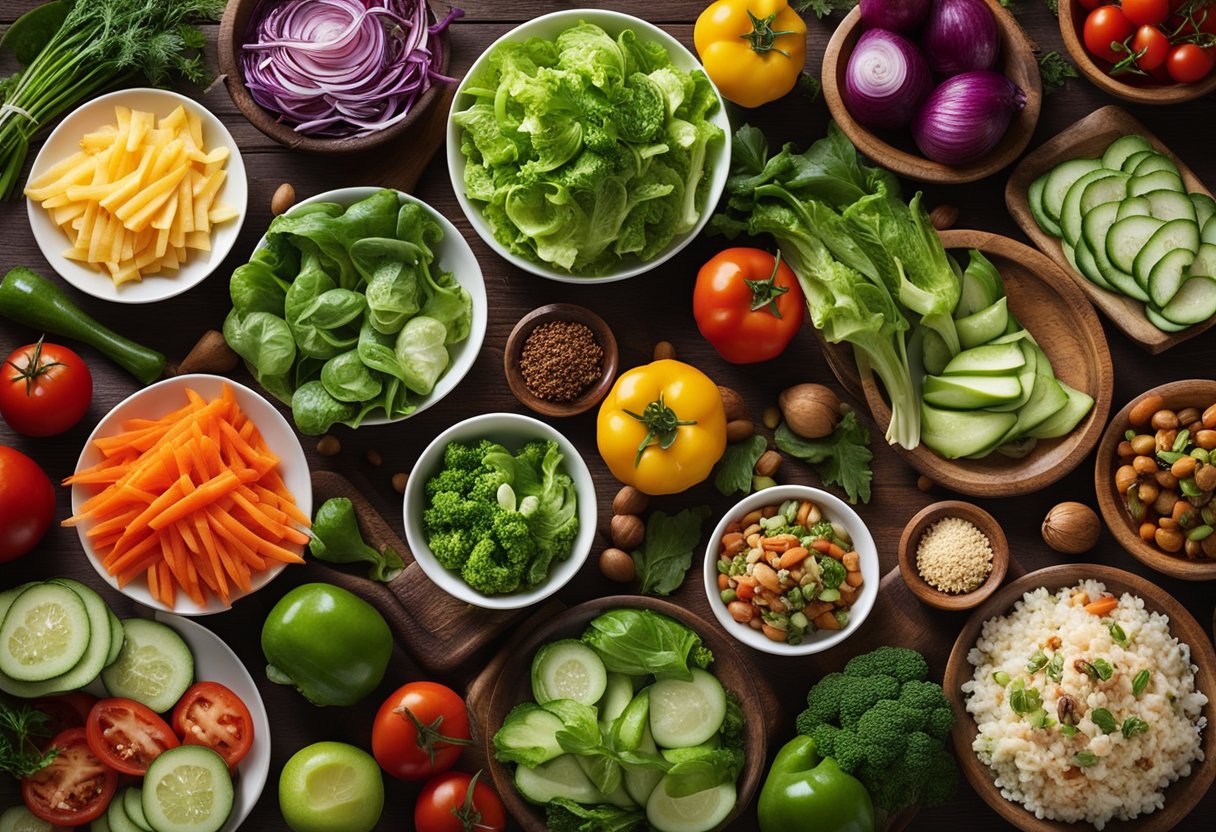 Uma variedade colorida de saladas e vegetais frescos, dispostos de forma organizada em uma mesa de madeira, prontos para acompanhar um churrasco crepitante.