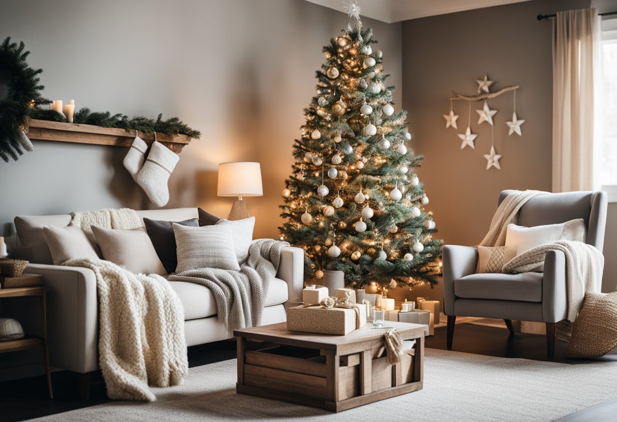 A cozy living room with neutral-colored Christmas decor, including a minimalist tree, woven stockings, and soft throw pillows on a neutral sofa