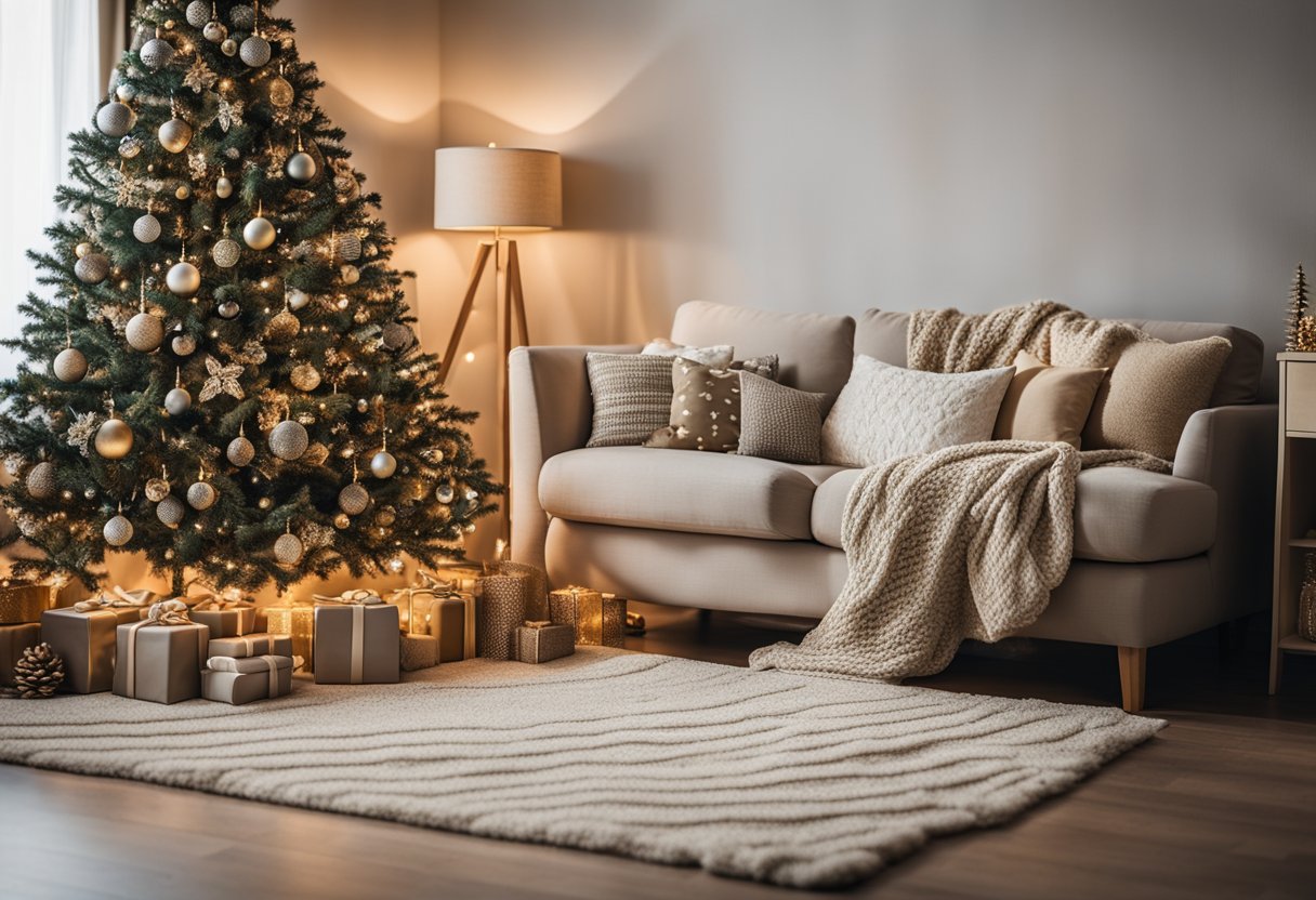 A cozy living room with a beige knit Christmas tree skirt under a beautifully decorated tree surrounded by neutral Christmas decor