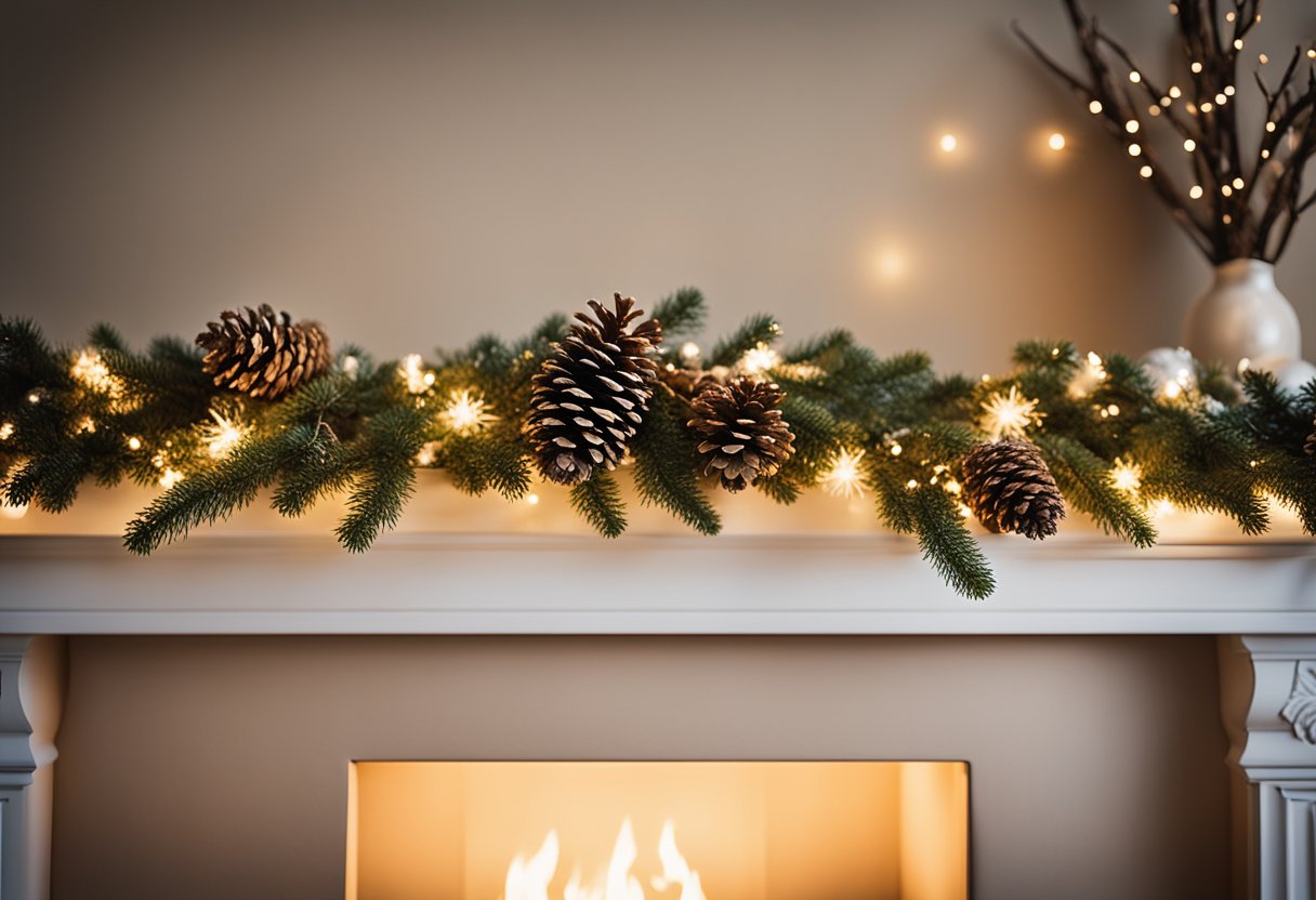 A rustic pine cone garland hangs across a fireplace mantle, adorned with neutral-toned accents and twinkling lights, creating a cozy Christmas ambiance