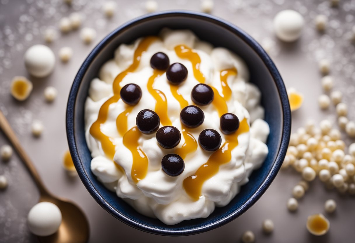 Uma tigela de sobremesa de sagu cremoso coberta com uma colherada de chantilly, cercada por algumas pérolas de tapioca espalhadas.