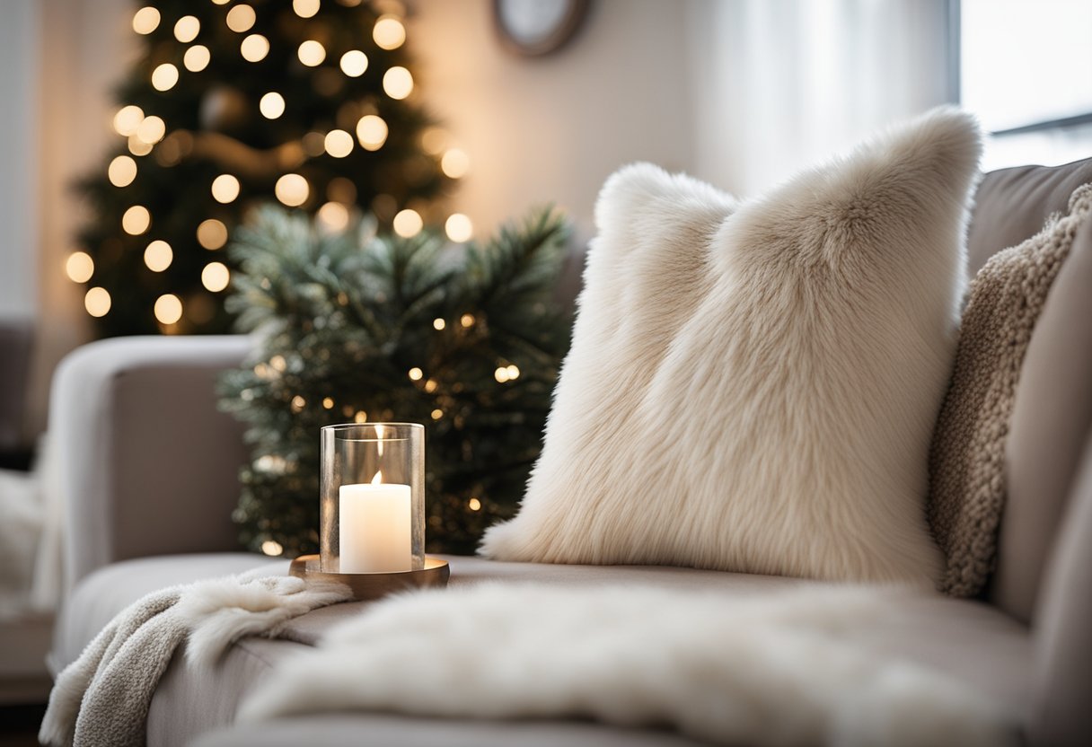 A cozy living room with neutral-colored faux fur pillow covers and subtle Christmas decor accents