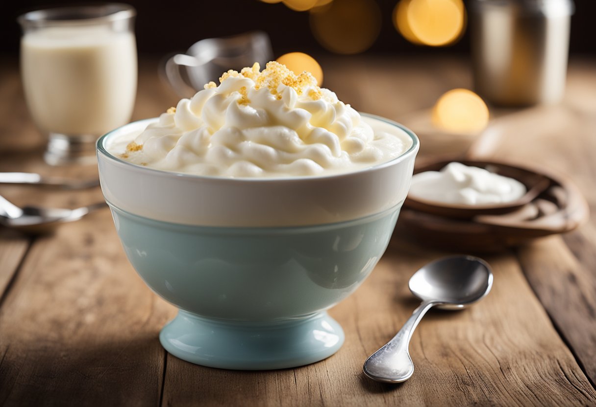 Uma tigela de pudim de tapioca cremoso coberto com uma colher de creme de leite batido, servido em uma mesa de madeira rústica