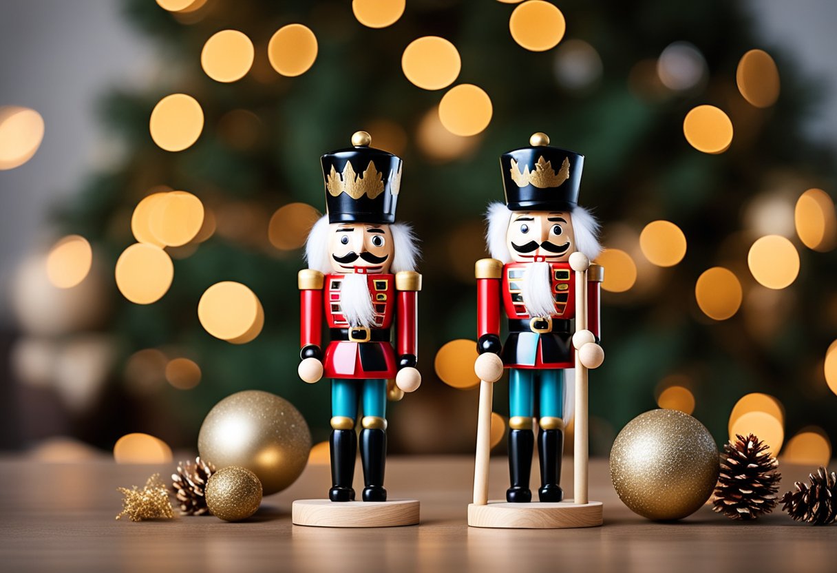 A simple wooden nutcracker surrounded by neutral Christmas decor