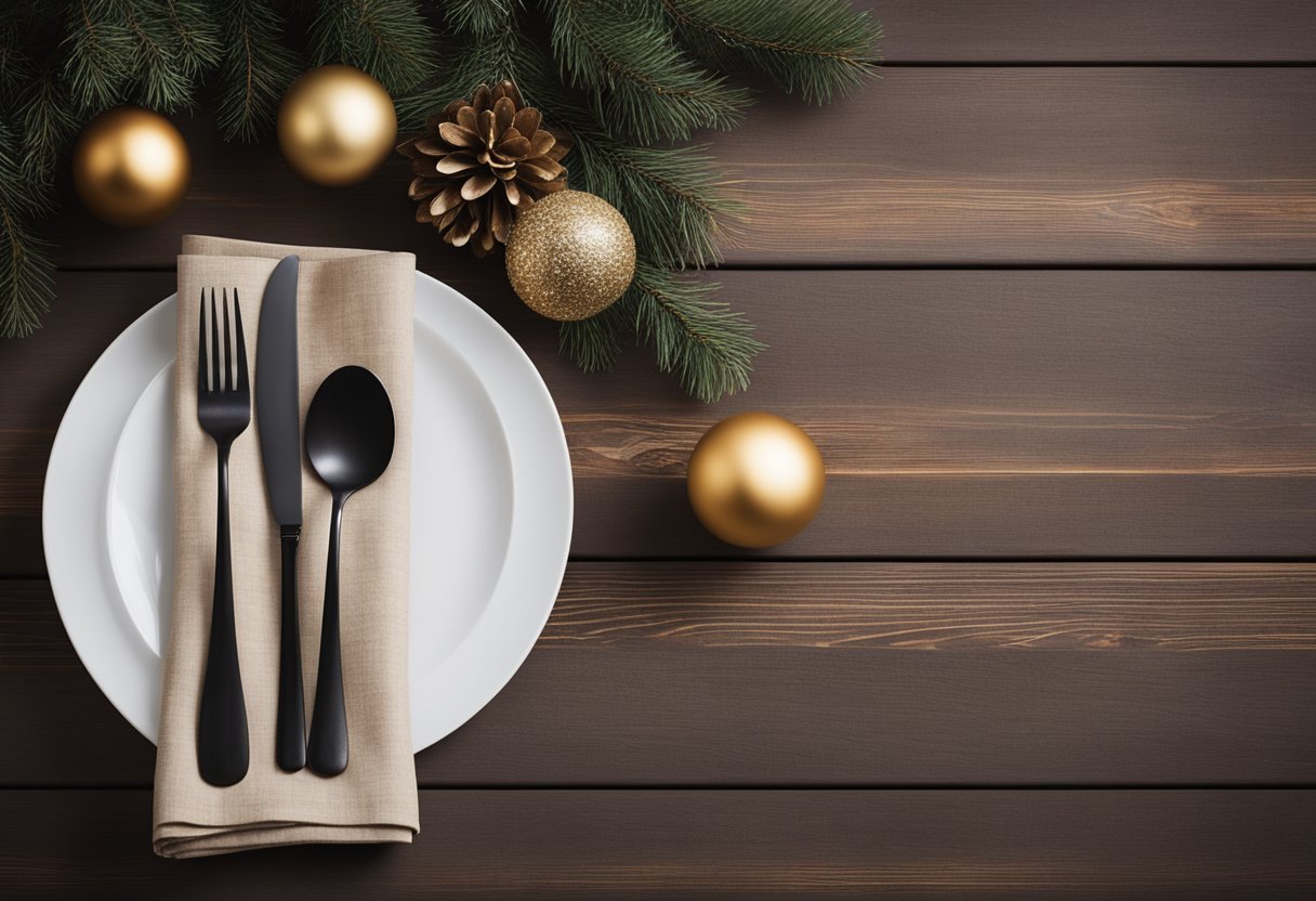 Neutral-toned linen napkins arranged with minimalist Christmas decor on a wooden table