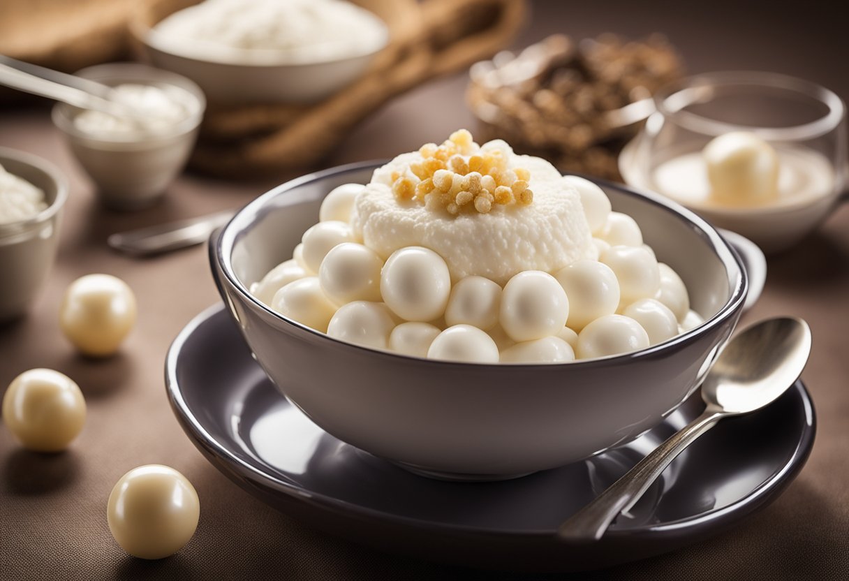 Uma mesa posta com uma tigela de sobremesa de sagu cremoso, recheado com pérolas de tapioca, cercada por colheres e uma porção de chantilly