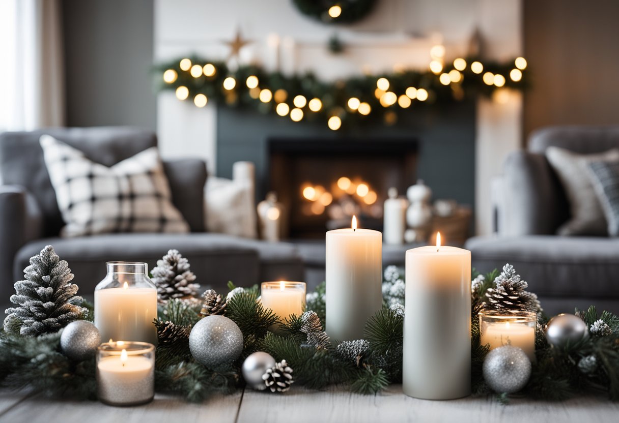 A cozy living room with soft gray candle holders, surrounded by neutral Christmas decor like wreaths, stockings, and ornaments