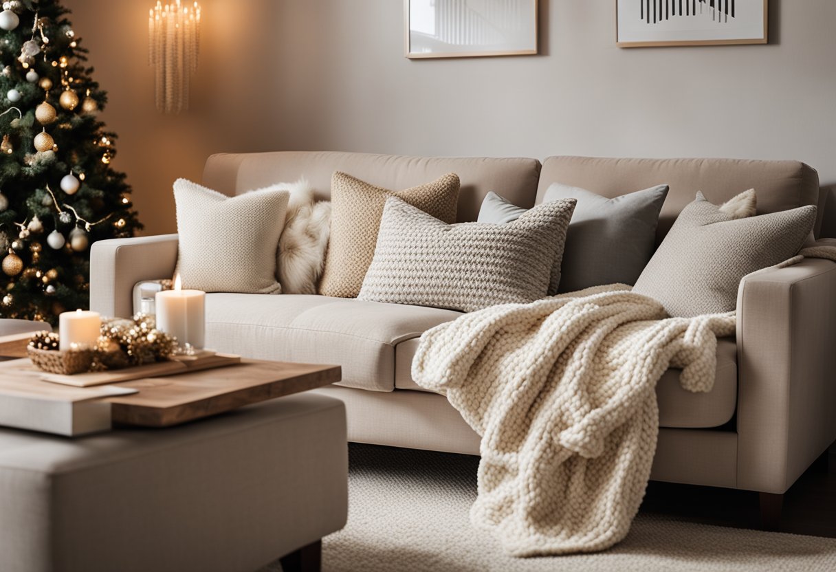 A cozy living room with a cream cable knit throw blanket draped over a neutral-colored sofa, surrounded by subtle Christmas decor accents