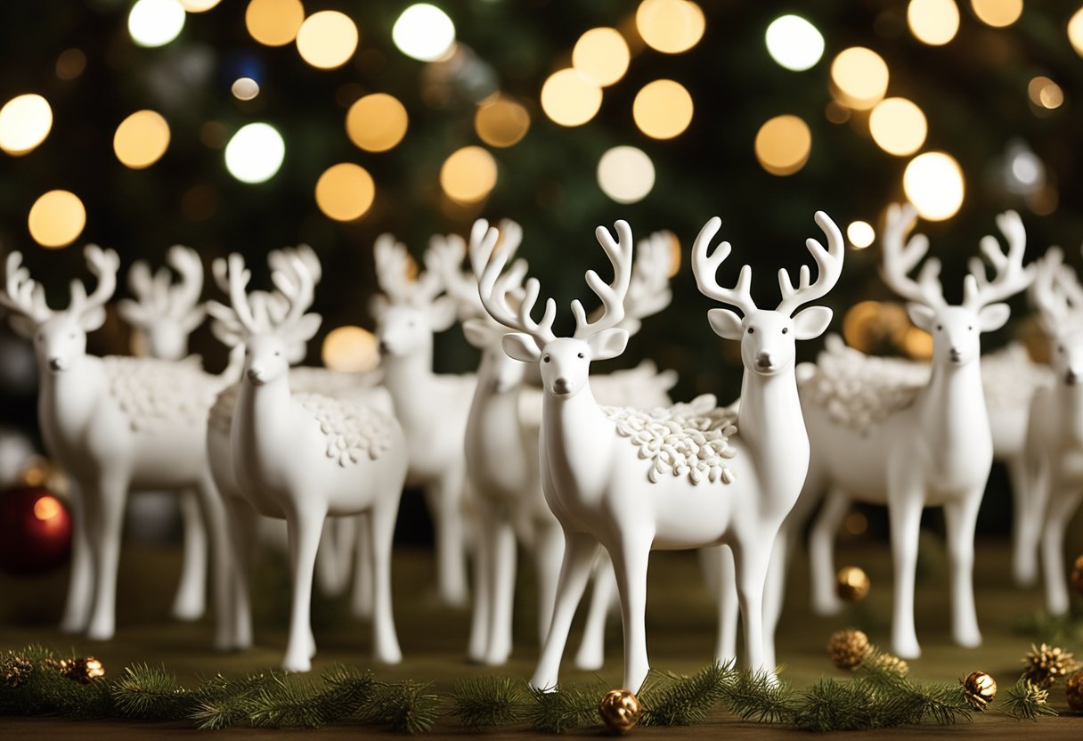 A group of white porcelain reindeer figurines arranged on a neutral-colored Christmas-themed display