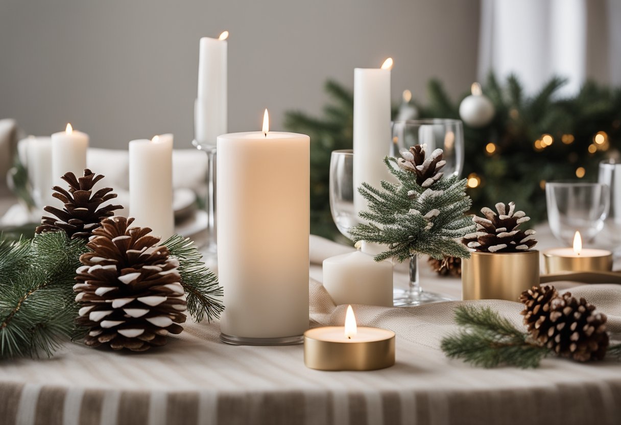 A sand and white striped tablecloth with neutral Christmas decor including candles, pinecones, and greenery arranged in a minimalist and elegant display