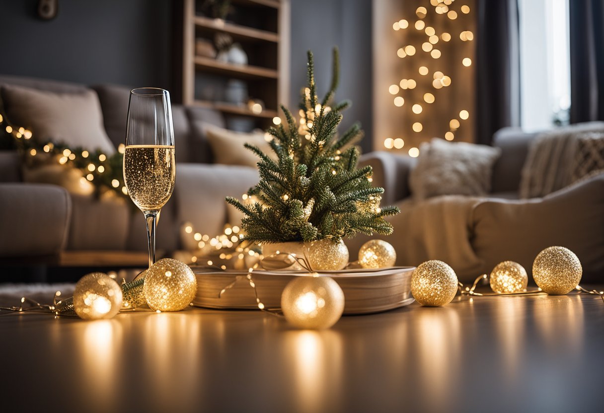 A cozy living room adorned with champagne gold fairy lights, creating a warm and festive ambiance for a neutral Christmas decor theme