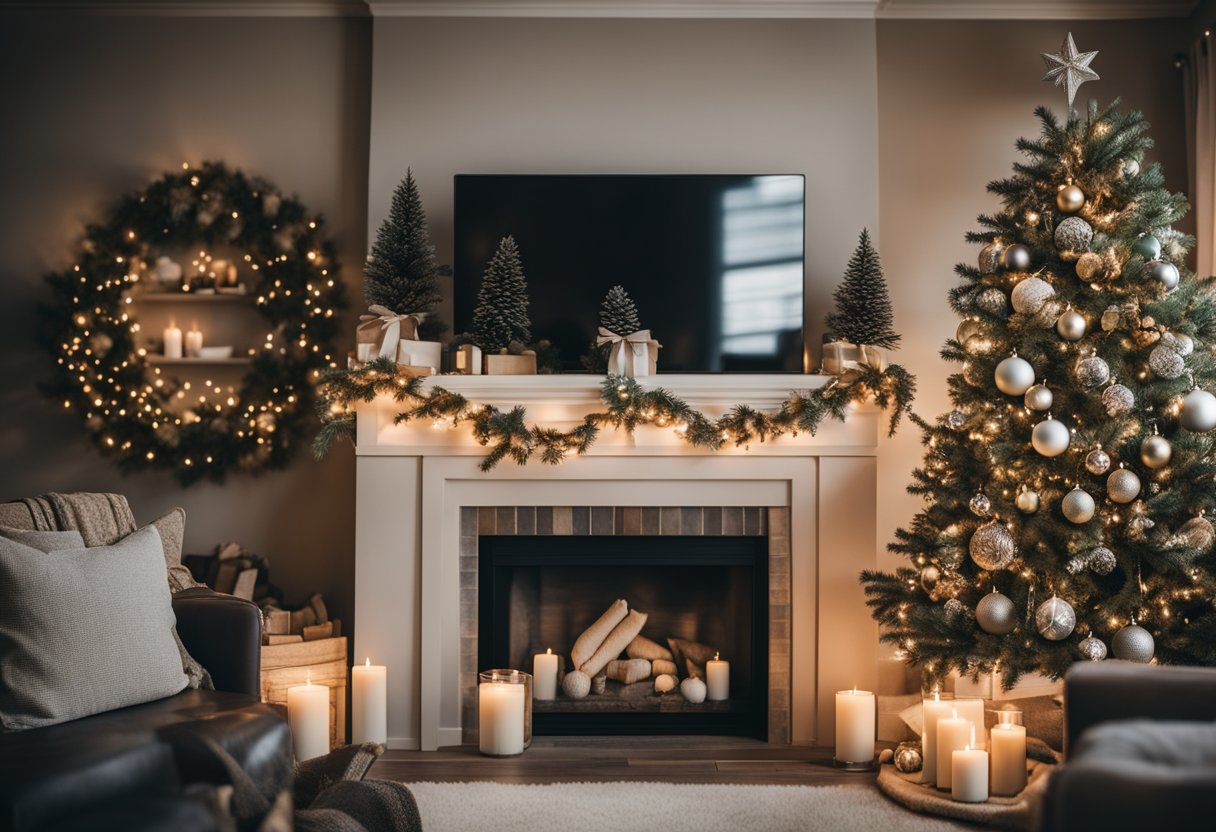 A cozy living room with a muted plaid tree collar, surrounded by neutral Christmas decor like candles, stockings, and ornaments