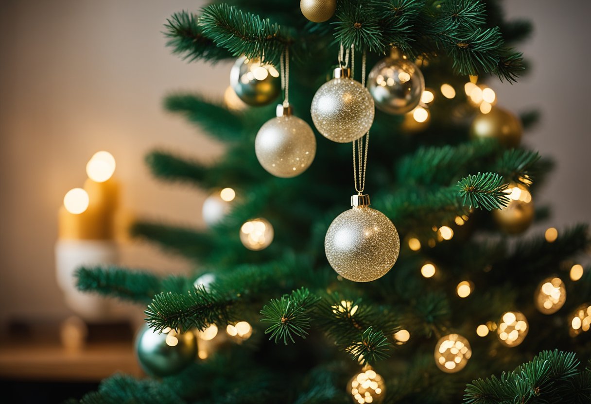 A cozy living room adorned with neutral-colored glass bauble ornaments hanging from a lush green Christmas tree, casting a warm and inviting glow