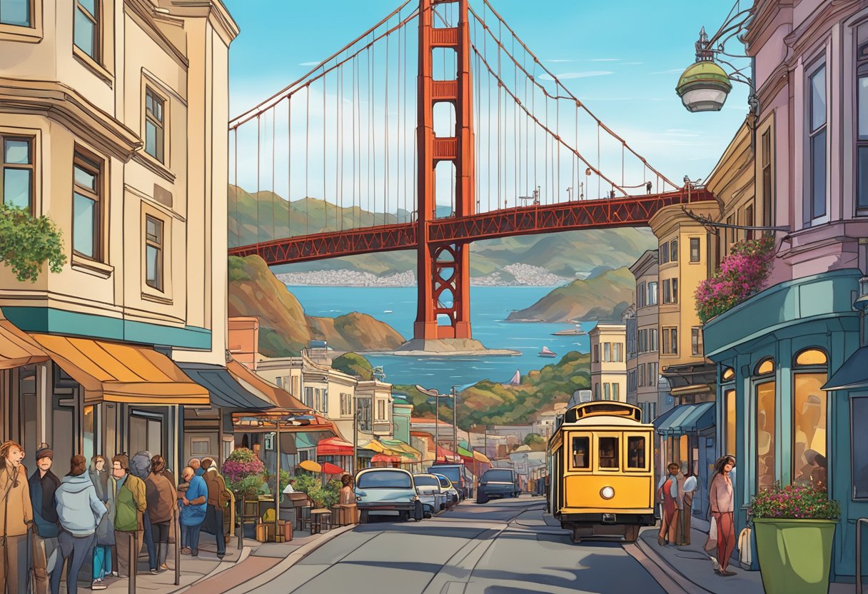 The iconic Golden Gate Bridge stands tall in the background, overlooking a bustling street lined with diverse and vibrant restaurants in San Francisco