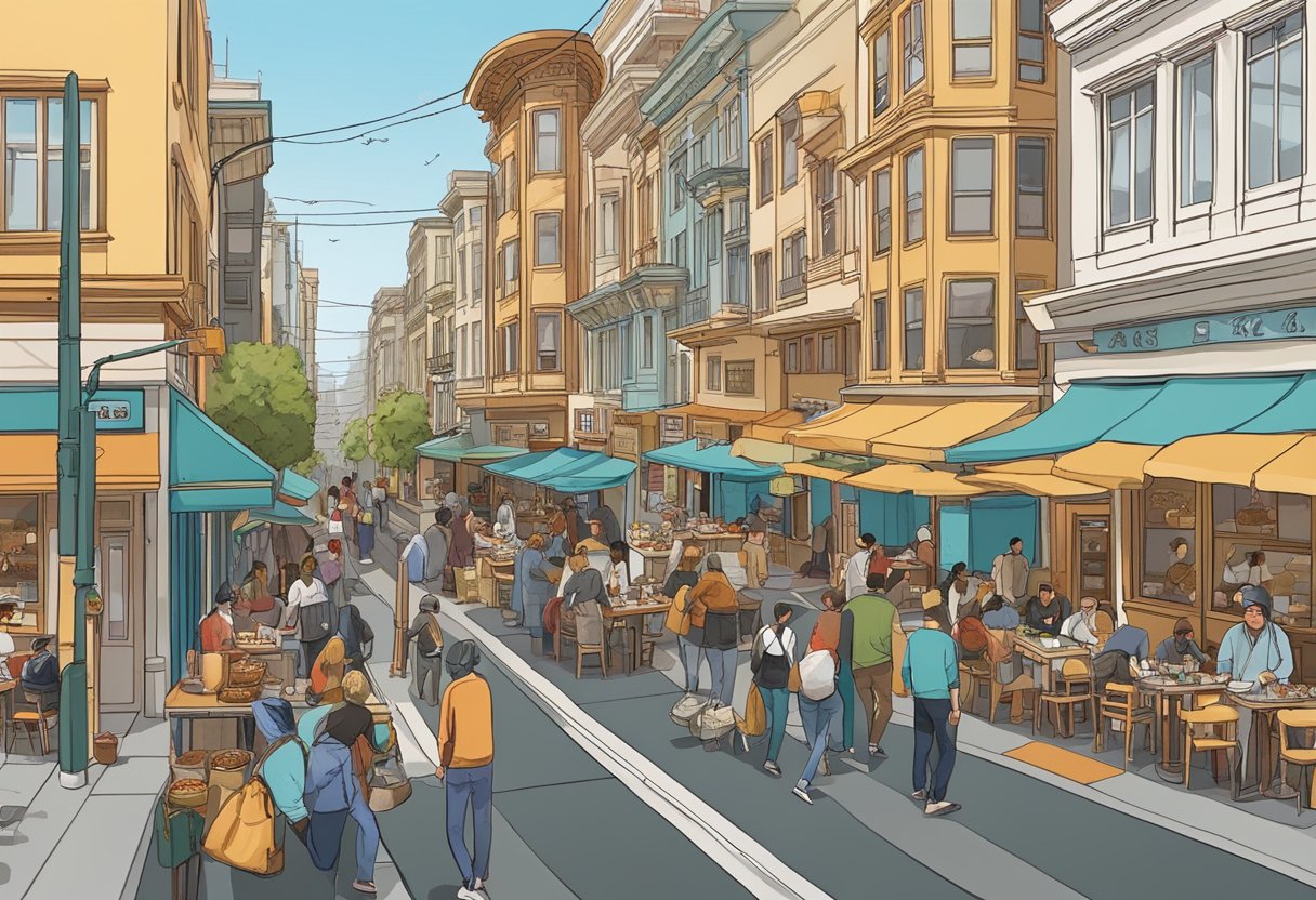 A bustling San Francisco street lined with diverse restaurants featuring a variety of international cuisines and signature dishes