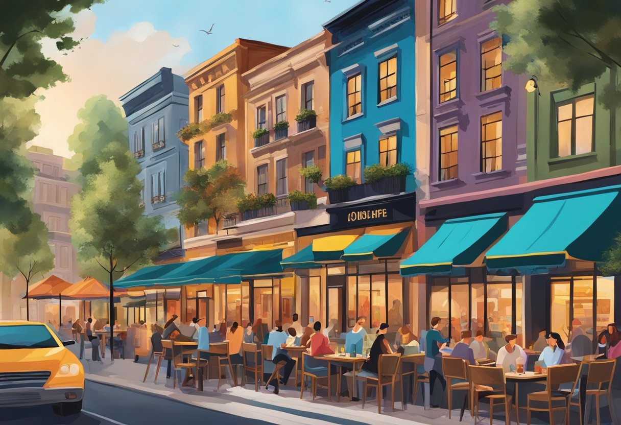 A bustling city street lined with vibrant, modern restaurants, each with unique and eye-catching exteriors. The atmosphere is lively and trendy, with people dining al fresco and enjoying the latest culinary offerings