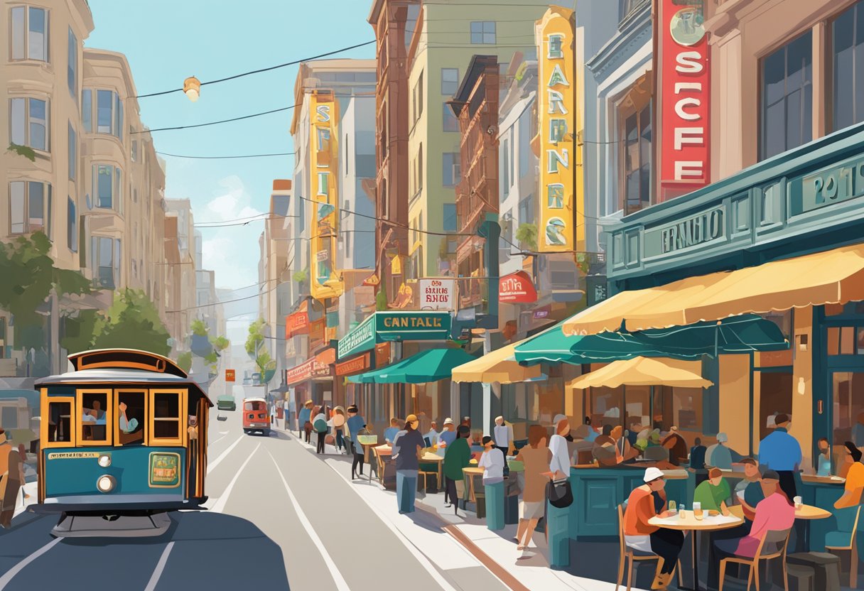 A bustling street lined with iconic San Francisco restaurants, with colorful signage and outdoor seating